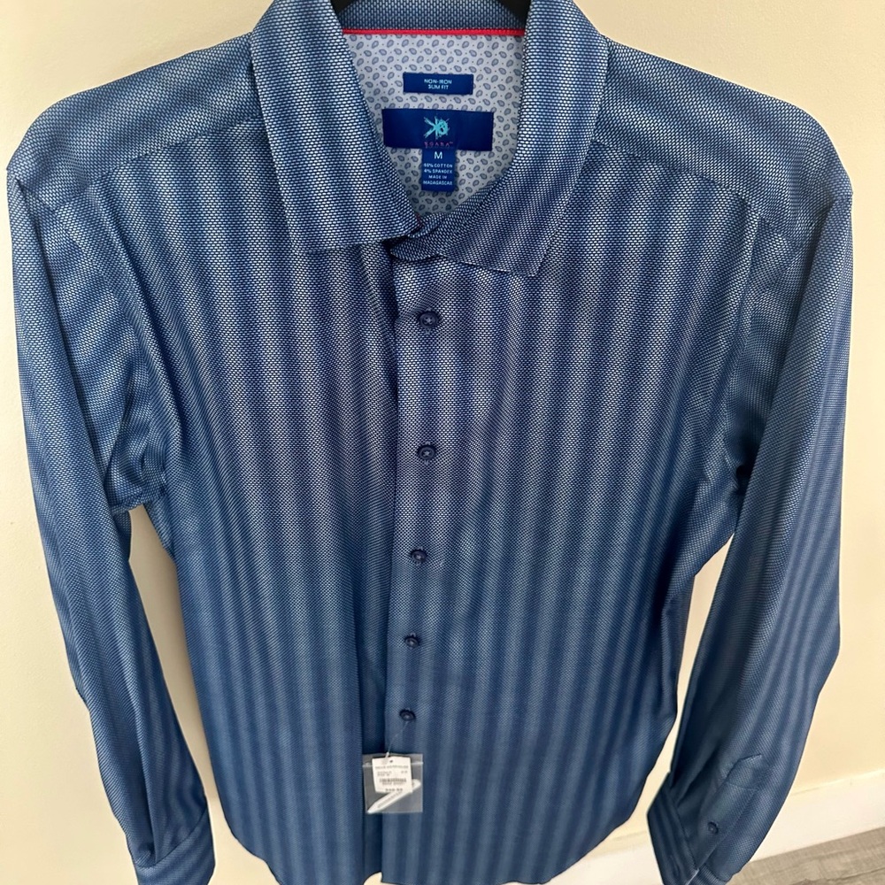 Egara Men’s NWT M-Slim fit Stretch Navy and White Striped Button Down Shirt